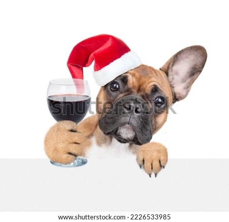 Funny french bulldog puppy wearing red santa hat  looks above empty white banner. isolated on white background.