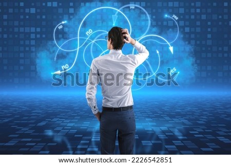 Back view of thoughtful young european man looking at hud screen with various digital arrows on blue pixel background. Metaverse, augmented reality, choice and direction concept