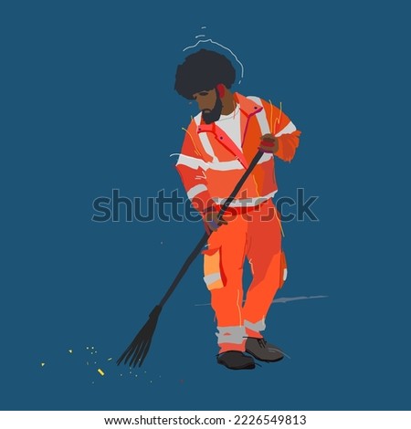 A road cleaner in an orange uniform sweeps the street. The concept of unemployment, the problem of emigrants. Vector illustration