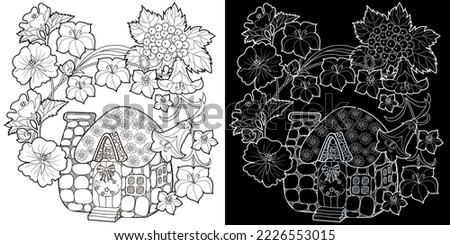 Art therapy coloring page for adults and children.The print is a whimsical design featuring a hand-drawn house among flowers. Ideal for those who want to feel more connected to nature.