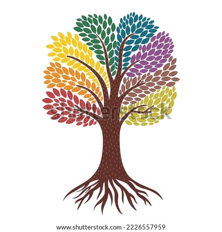 Tree of life with roots and rainbow coloured leaves. Forest element in cartoon style isolated on white. Vector illustration