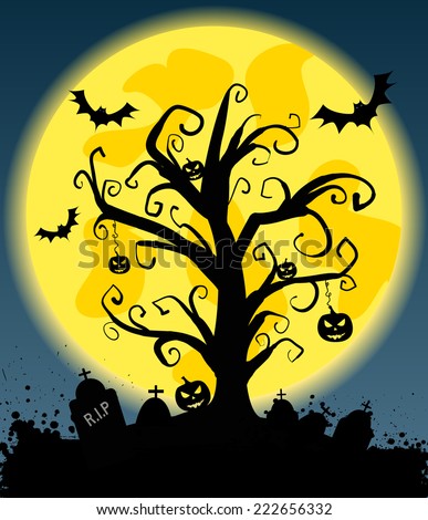 Halloween background with tree silhouette on full moon, jack o'lantern pumkins and bats