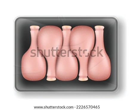 Fresh chicken legs in transparent plastic package. Meat on plastic trays or vacuum wrap containers. Template food packaging, market, grocery concept. Realistic 3d vector illustration