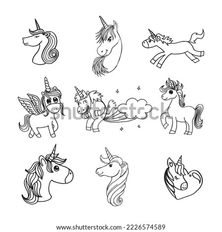 Doodle sketch style of unicorn cartoon hand drawn illustration for concept design.