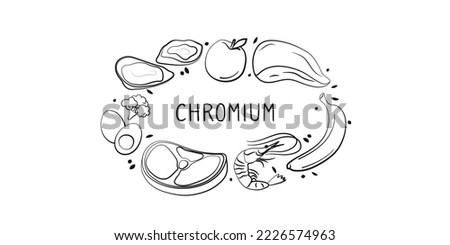 Chromium-containing food. Groups of healthy products containing vitamins and minerals. Set of fruits, vegetables, meats, fish and dairy. Royalty-Free Stock Photo #2226574963
