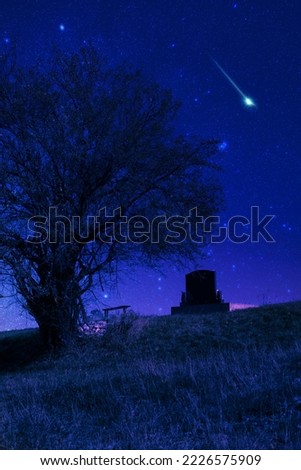 Lonely grave with oak tree under starry and Moonlit night.