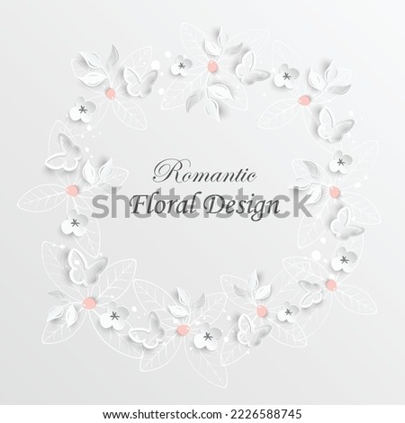 Paper flower. Round frame with abstract cut flowers. White rose, butterfly. Wedding decorations. Decorative bridal bouquet. Vector illustration. Greeting card template, blank floral wall decor.