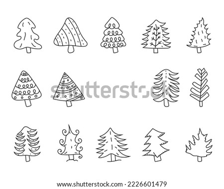 Hand drawn set of Christmas trees. Abstract doodle drawing of Christmas trees. Vector art illustration