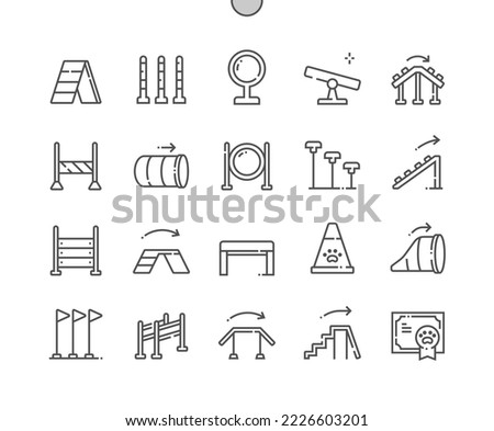 Dog agility. Jumping obstacle. Pets training. Dog tunnel, panel jump, weave poles and other. Pixel Perfect Vector Thin Line Icons. Simple Minimal Pictogram Royalty-Free Stock Photo #2226603201