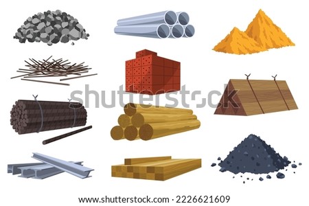 Building materials. Construction concept. Illustrations can be used for construction sites or illustrate renovation works. Bricks, planks, metal, sand and stone pipes vector set Royalty-Free Stock Photo #2226621609