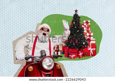 Collage photo banner of pensioner wear saint nicholas costume nice sunglass drive moped after delivery xmas spirit isolated on painted background