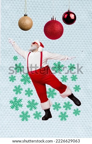 Collage photo banner of old age pensioner santa claus dancing celebrate shopping sale season hanging toys isolated on blue color background