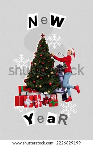 Collage photo winter postcard of young girl prepare tradition decor christmas tree hang toys near gifts atmosphere isolated on grey color background