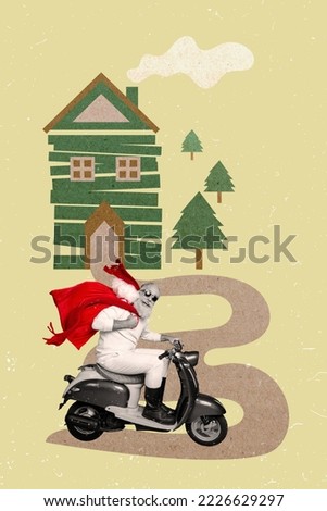 Photo collage artwork minimal picture of smiling funky motorcyclist riding moped delivering x-mas gifts isolated drawing background