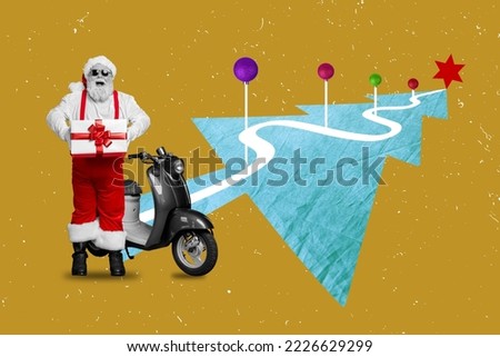 Artwork magazine collage picture of excited funky santa delivering moped x-mas presents isolated drawing background