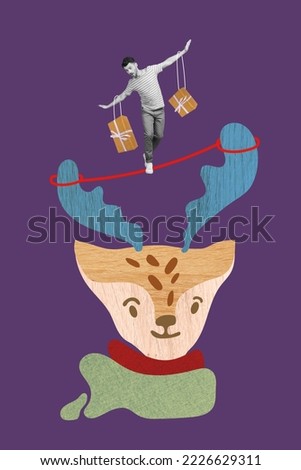 Creative abstract template graphics collage image of funny guy holding gifts walking between x-mas deer horns isolated drawing background