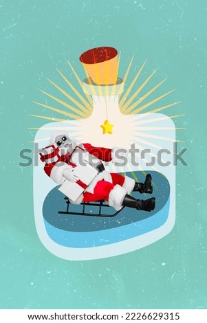Exclusive magazine picture sketch collage image of funky smiling santa sitting inside bottle delivering xmas gifts isolated painting background