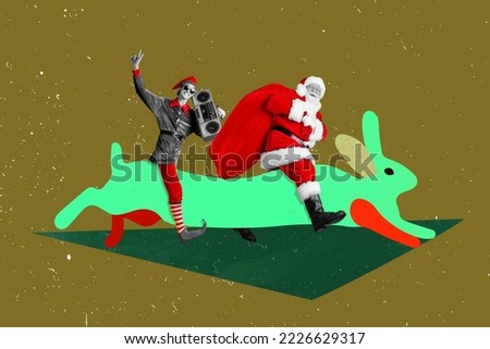 Photo sketch graphics collage artwork picture of funky funny santa elf riding bunny delivering x-mas presents isolated drawing background