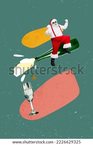 Collage artwork graphics picture of funky lucky santa flying wine bottle enjoying xmas event isolated painting background
