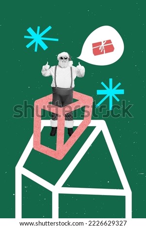 Photo collage artwork minimal picture of funky smiling santa delivering home x-mas gifts isolated drawing background