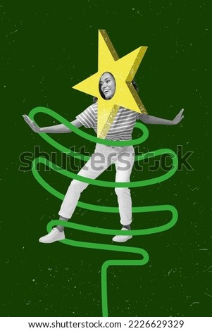 Photo cartoon comics sketch collage picture of funny funky lady tangled rope head inside xmas star isolated drawing background