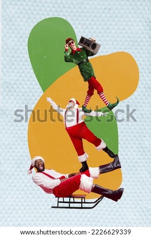 Collage poster photo of santa helpers youngsters excited sledding winter season and dancing santa claus celebrate xmas isolated on blue background
