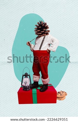 Collage placard photo of old age pensioner santa claus wear spectacles red pants head spruce cone with decorations isolated on blue color background