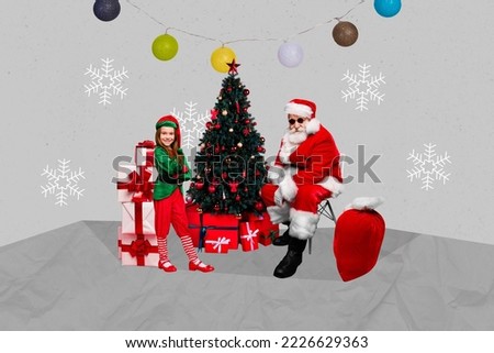 Collage photo banner of cool old santa sitting little helper elf foxy girl folded hands stack gifts xmas tree tradition isolated on grey background