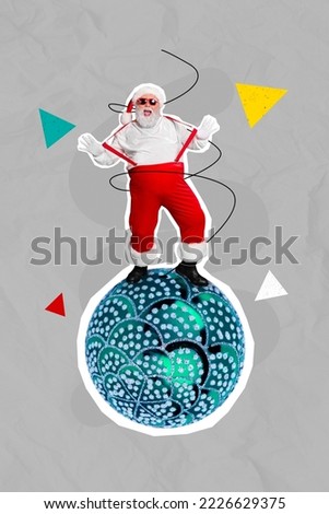 Collage photo of senior grandfather wear stylish red costume saint nicholas crazy dance big christmas sphere toy isolated on grey color background