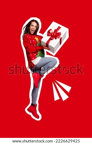 Collage photo of nice xmas jump girl wear red ugly sweater hold her favorite gift from santa claus shopping advert isolated on red color background