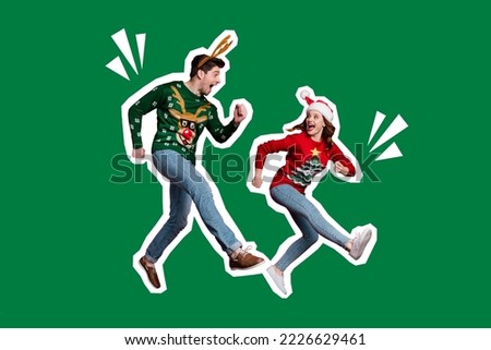 Collage photo banner of couple two young people wear traditional clothes celebrating winter season cheap clothes isolated on green color background