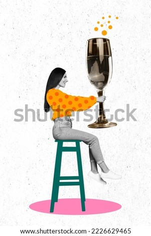 Collage photo of young lady wear dotted orange sweater hold wineglass with alcohol countdown new year sitting bar isolated on white background