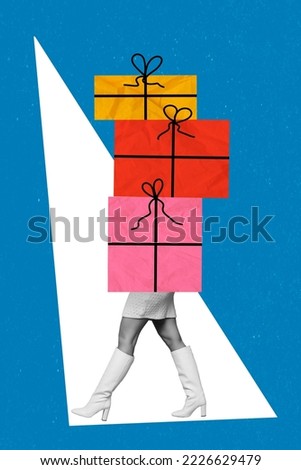 Collage photo advert banner headless stack surprise giftboxes girl walk promo winter christmas season sale isolated on blue color background