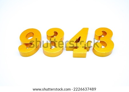    Number 9343 is made of gold-painted teak, 1 centimeter thick, placed on a white background to visualize it in 3D.                             