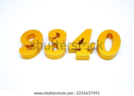    Number 9340 is made of gold-painted teak, 1 centimeter thick, placed on a white background to visualize it in 3D.                             