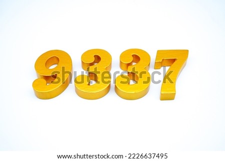    Number 9337 is made of gold-painted teak, 1 centimeter thick, placed on a white background to visualize it in 3D.                              