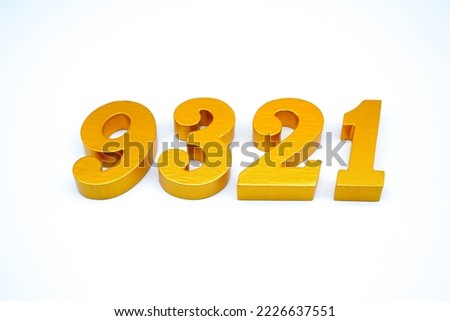 Number 9321 is made of gold-painted teak, 1 centimeter thick, placed on a white background to visualize it in 3D.                                 