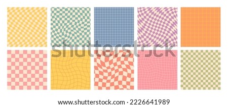 Groovy checkered seamless patterns, vintage aesthetic backgrounds, psychedelic checkerboard texture. Funky hippie fashion textile print, retro background with distorted grid tile vector pattern set Royalty-Free Stock Photo #2226641989