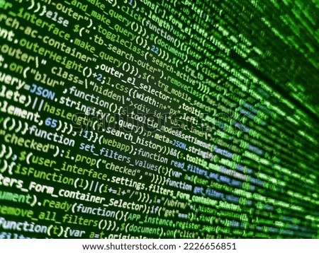 Photo of computer digital background. Javascript functions, variables, objects. Coding application by programmer developer. Web development code: CSSSASS styles preprocessor script lines