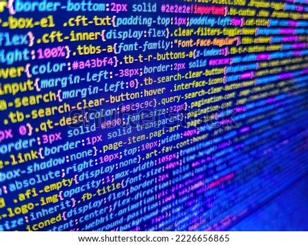Software abstract background. Screen of web developing javascript code. Abstract computer script about big data and blockchain database. Technology concept hex code digital background