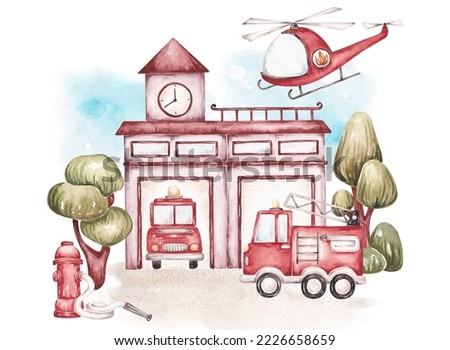 Fire illustration isolated on white background. Hand drawn by watercolor. Cute kids design in cartoon style. Fire station scene, Fire man, fire engine, helicopter