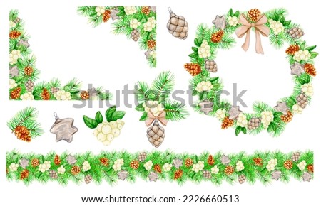 A large set of New Year and Christmas designs for postcards, invitations, labels, announcements, banners, advertising, textiles, logos, stationery. Frame, wreath, seamless border, clip art.