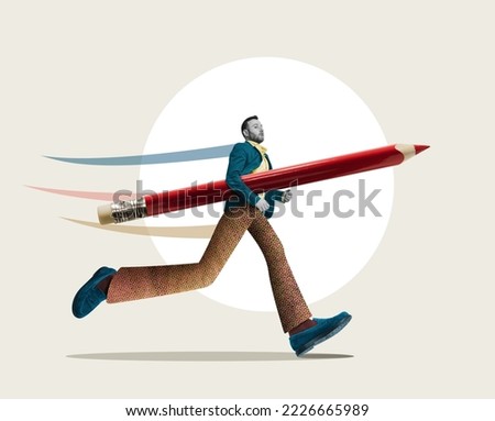A running man with a large pencil under his arm. Art collage.