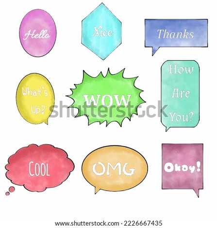 colorful set collection speech bubbles, message, text, dialogue, of hello, nice, thanks, wow, how are you, OMG, okay, cool and, what's up? . Hand drawn icon vector design illustration. 
