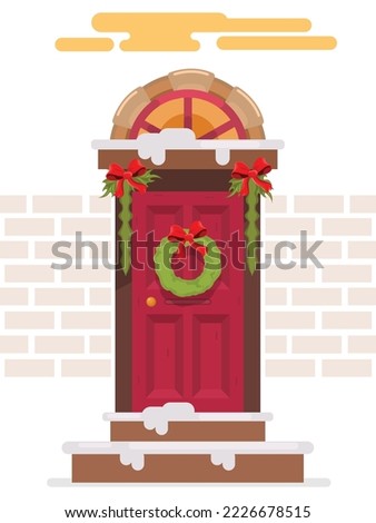 Merry Christmas and Happy New Year background with decorated Christmas front door
