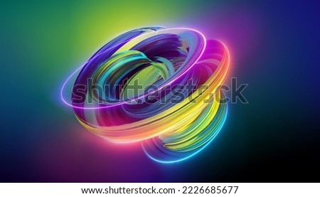 3d rendering. Abstract twisted brushstroke glowing with colorful neon light. Creative wallpaper