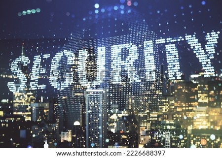 Virtual cyber security creative concept on San Francisco city skyline background. Double exposure