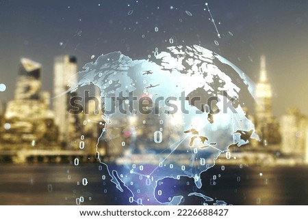 Multi exposure of abstract creative coding sketch and world map on blurry skyline background, artificial intelligence and neural networks concept
