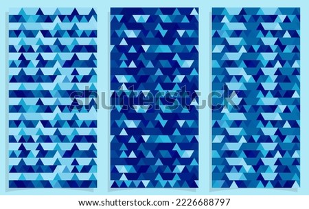 a set of three seamless blue modern triangles pattern for elegant textile, fabric, poster, banner and cover designs