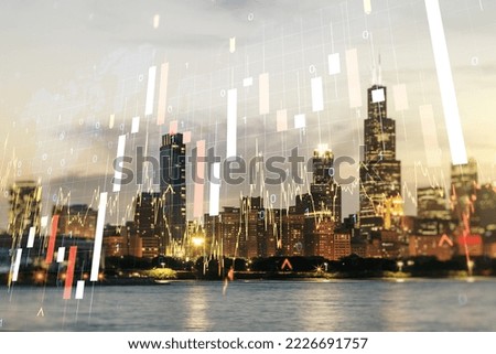 Multi exposure of virtual creative financial graph and world map on Chicago city skyline background, forex and investment concept